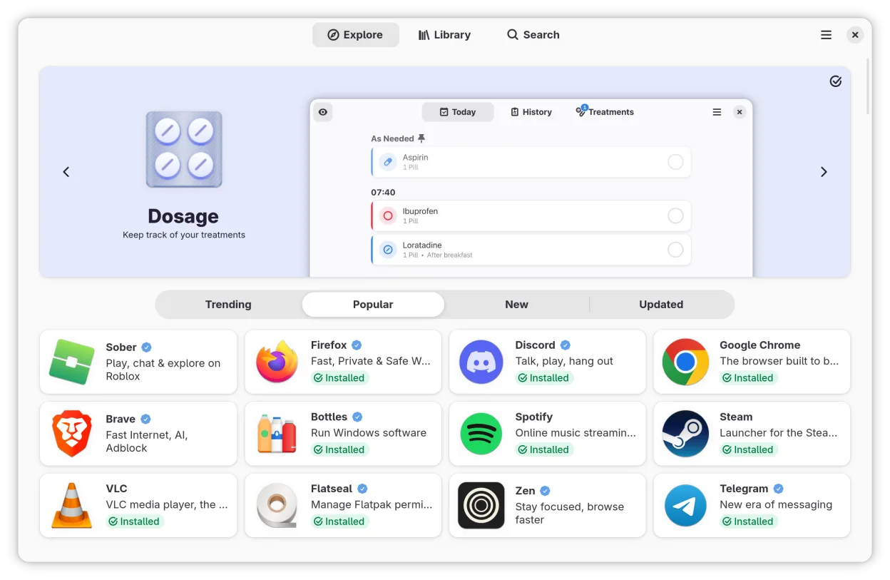 The home page displaying Flathub apps