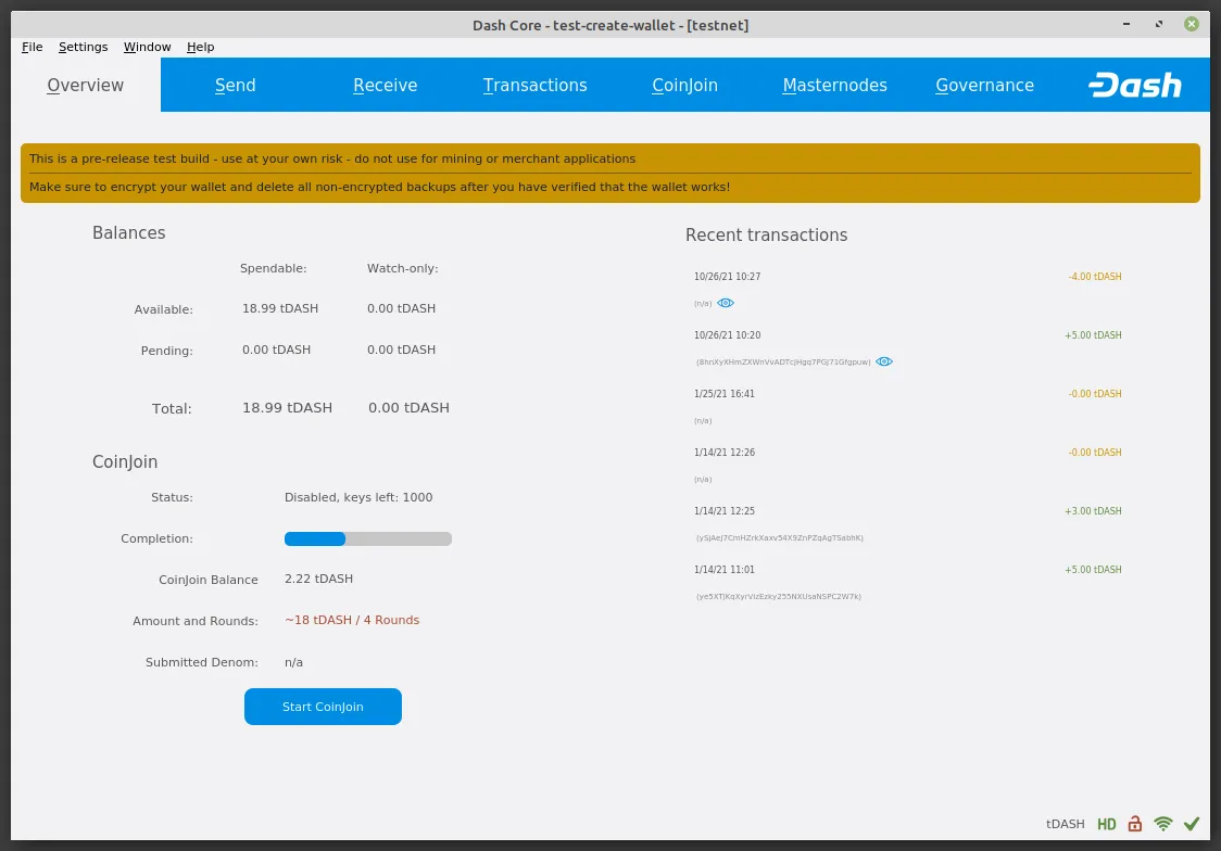 Dash Core screenshot