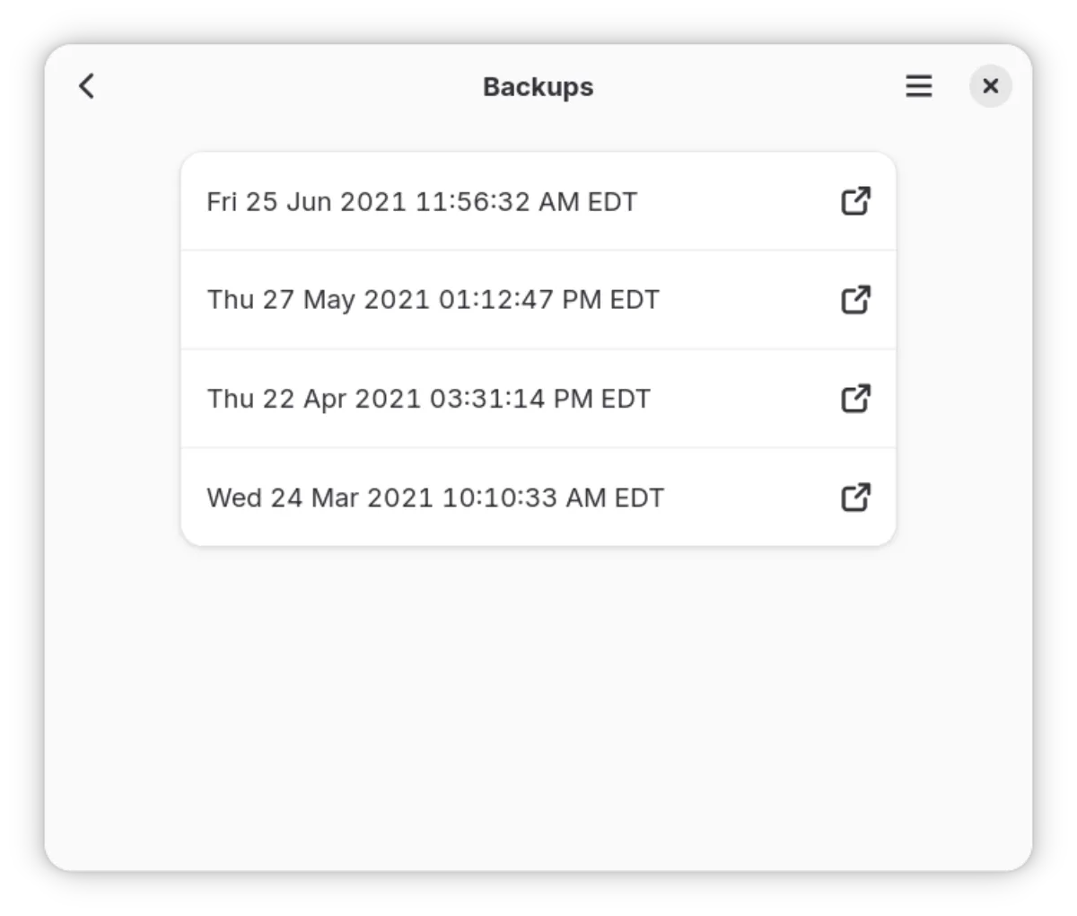 Restoring is a breeze — choose a backup and then copy files out using your file manager