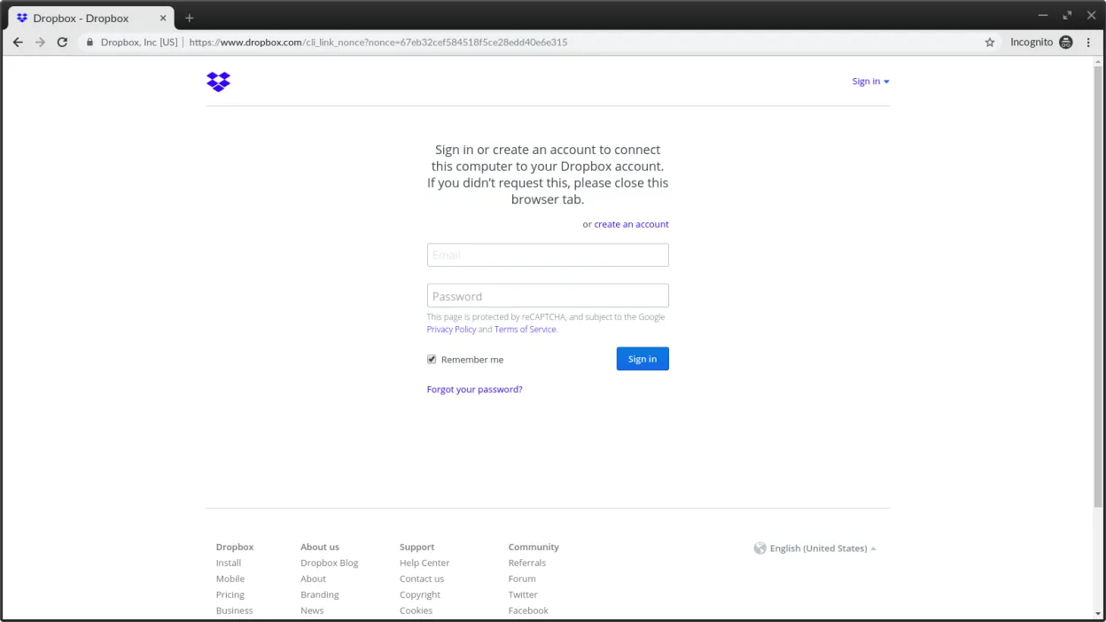 The Dropbox login page