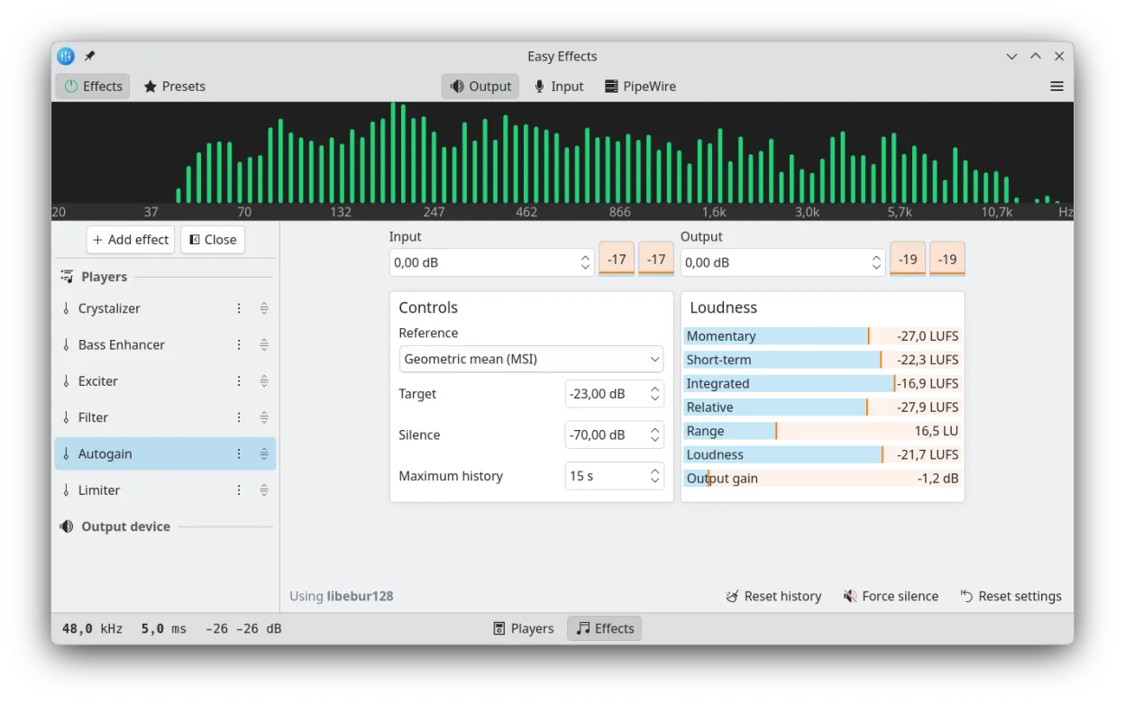 The bass enhancer page showing audio controls