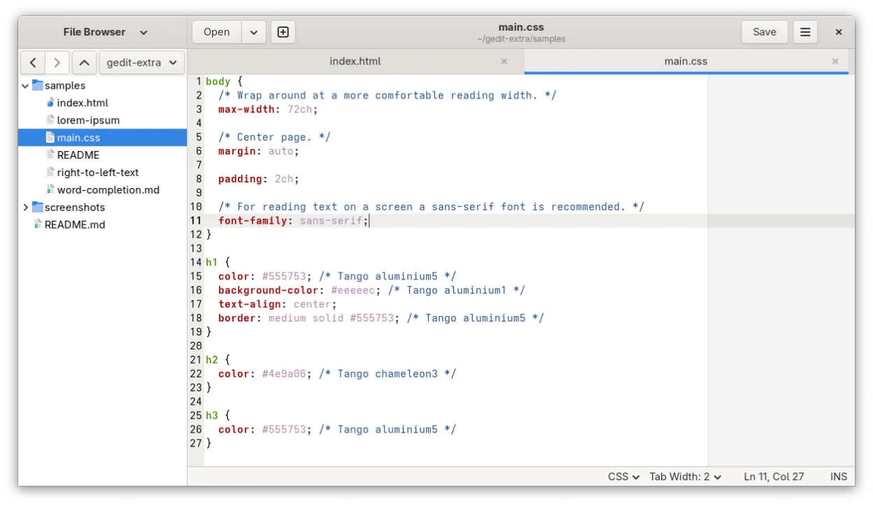 Multiple tabs, syntax highlighting and an integrated file browser in the side panel