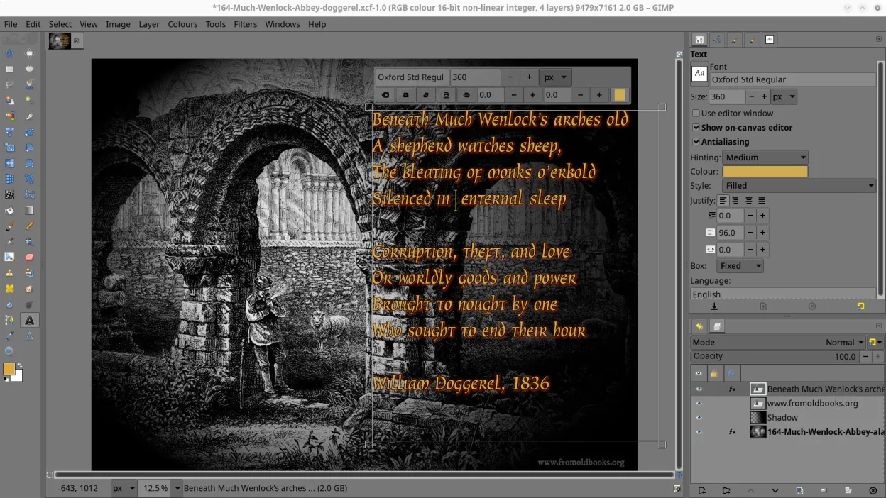 Scanned engraving being edited in GIMP. Artwork by Liam (CC0)