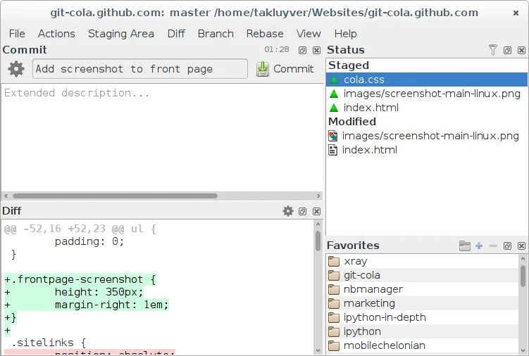 Screenshot von Git Cola