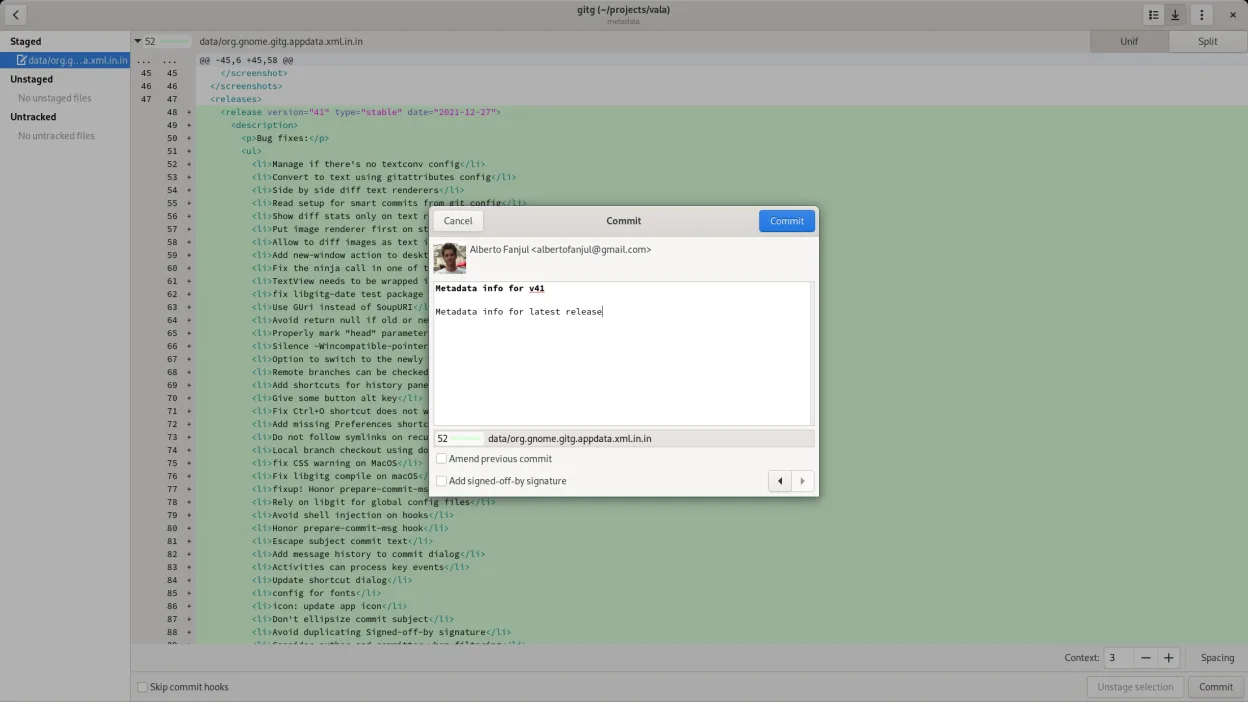 Commit staged changes