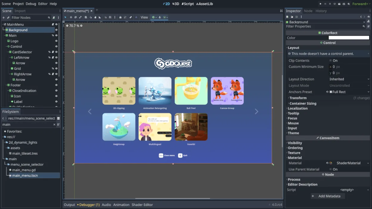 Godot Editor (2D/UI view)