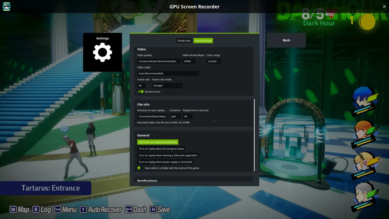 Settings page