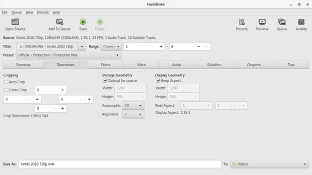 Video resolution and cropping settings