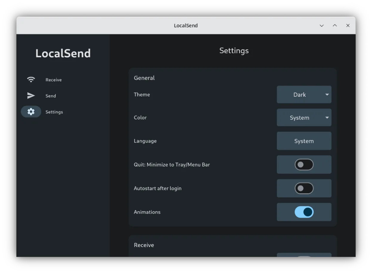 Settings interface