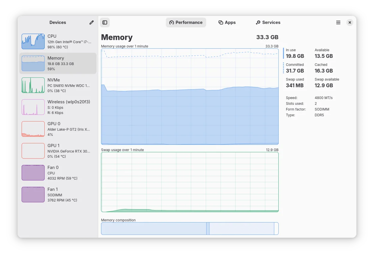 RAM and swap usage, memory composition and memory module details