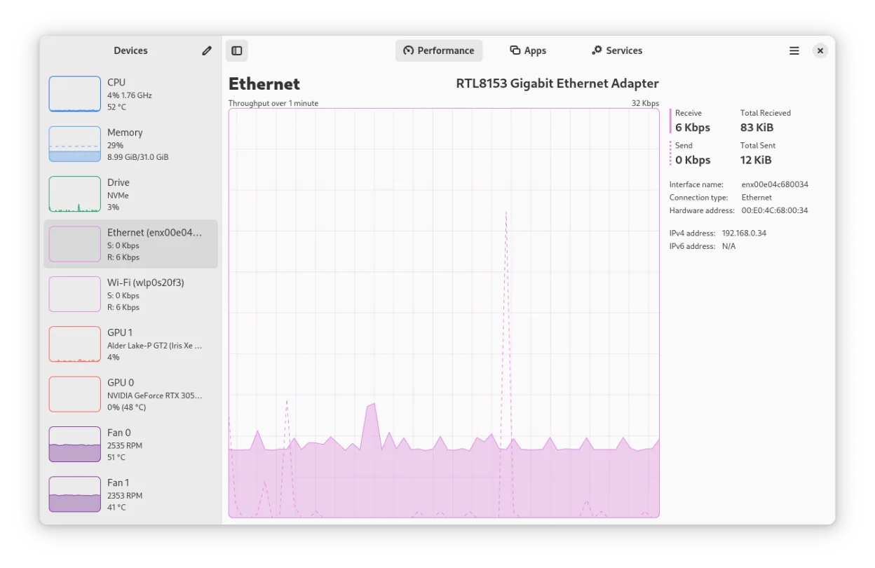 Ethernet throughput, with adapter, hardware address and IP details