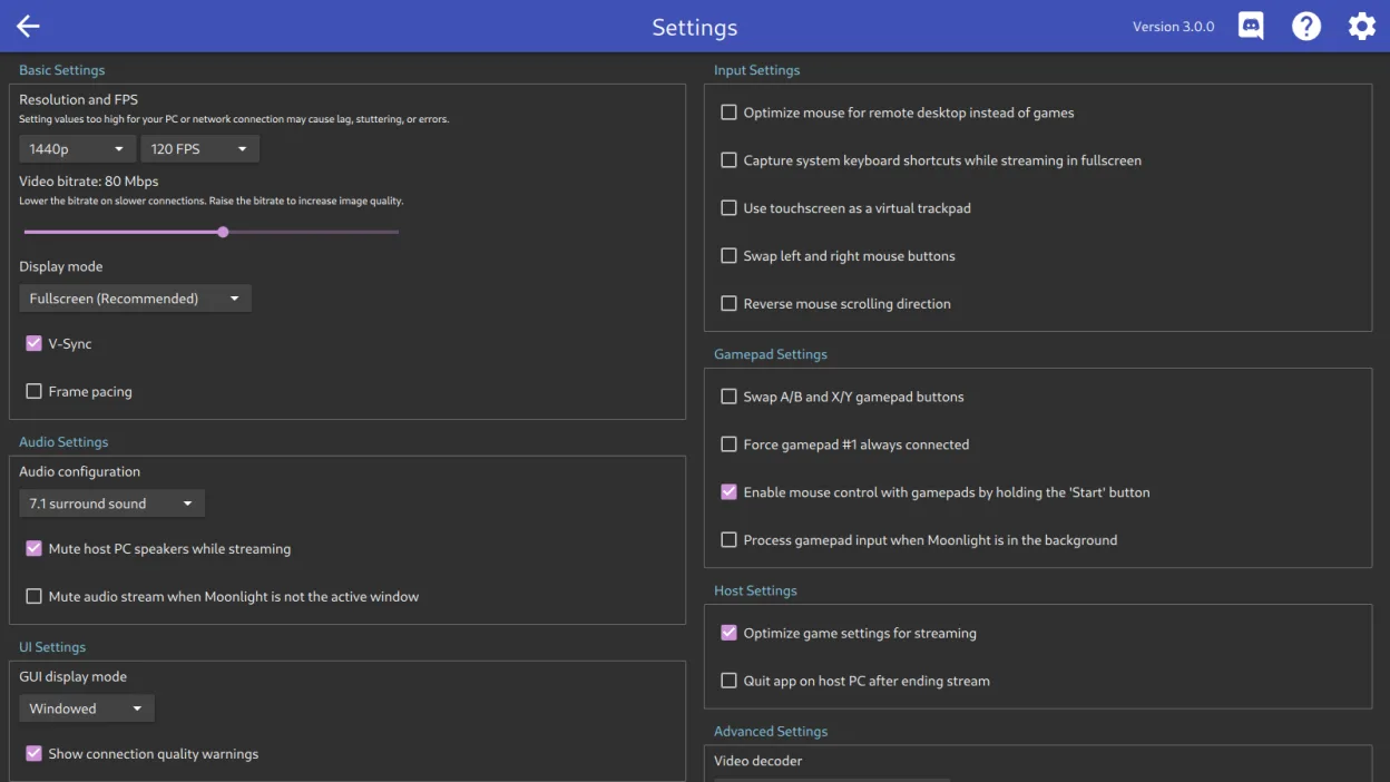 Settings page displaying streaming options