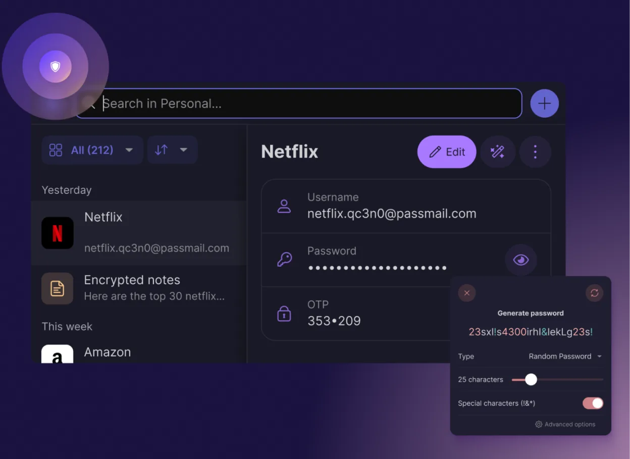 The interface showcases user-friendly access to your Netflix credentials, complete with OTP generation for added security.