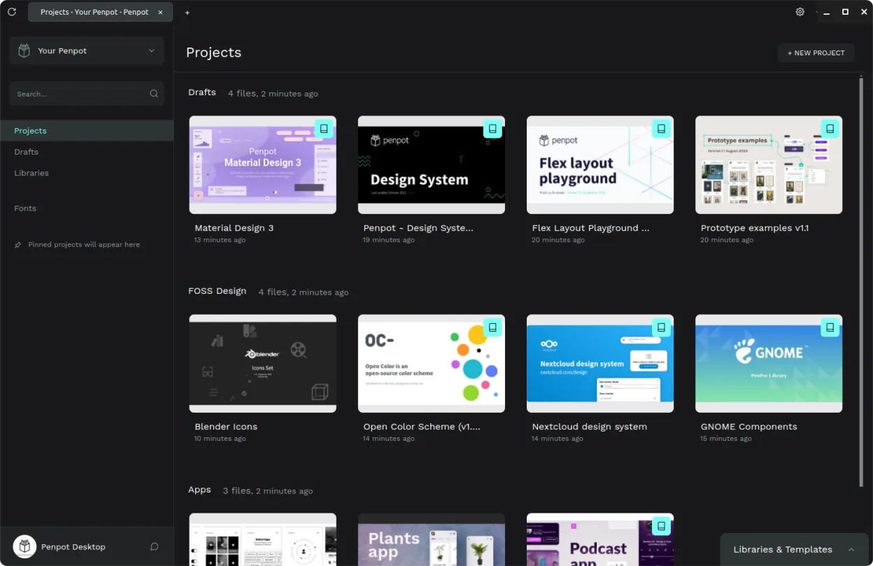 Dashboard showing example projects and drafts
