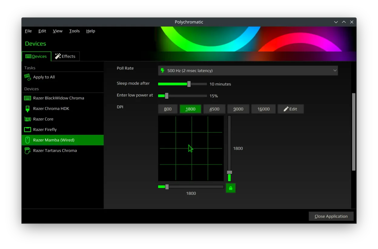 DPI and firmware options for a connected mouse