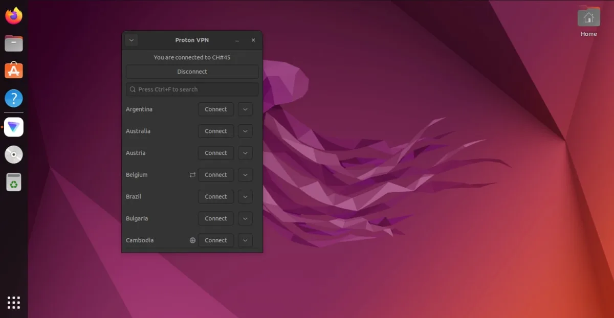 Proton VPN application window open on an Ubuntu desktop, showing a list of countries to connect to.