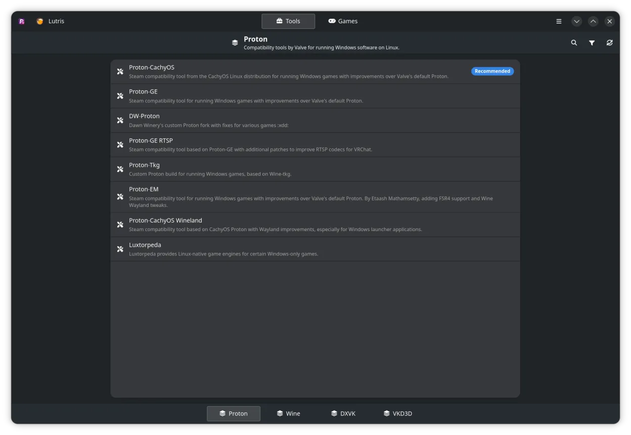 The tools interface of ProtonPlus.