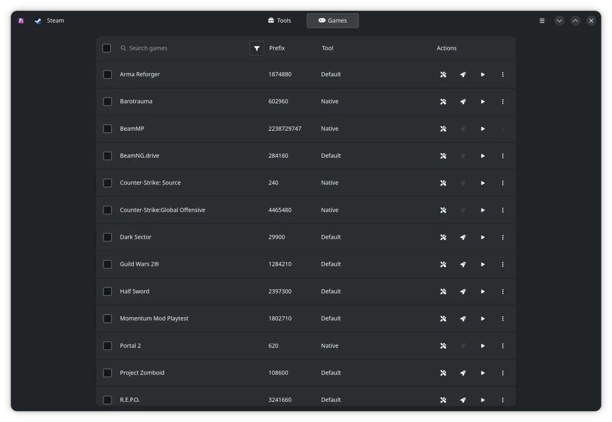 The games interface of ProtonPlus.