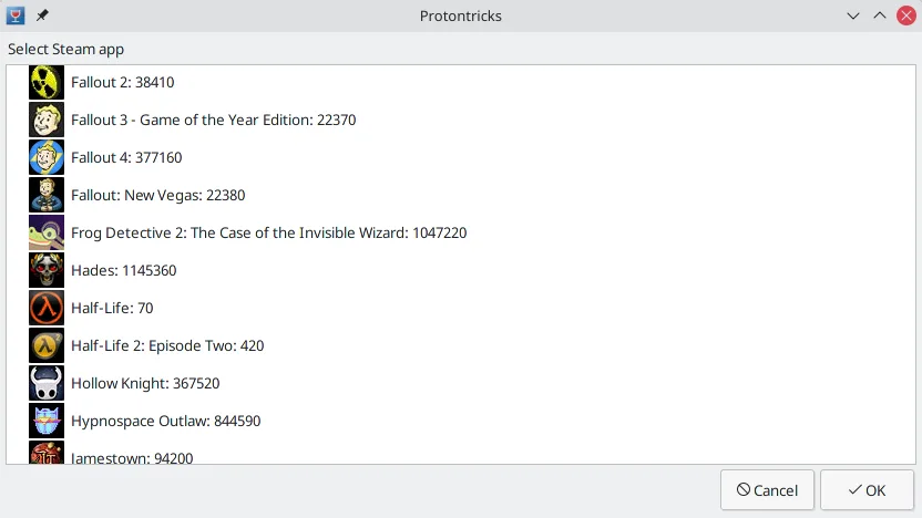 App selection screen