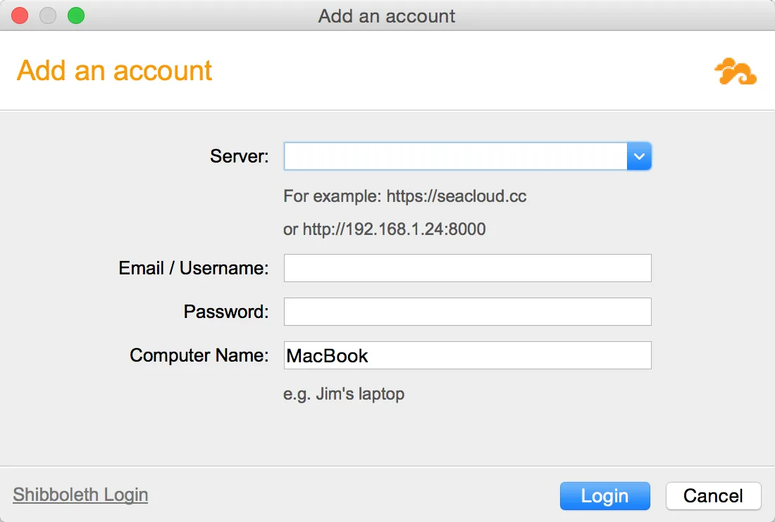 The Seafile setup window on the page to add an account