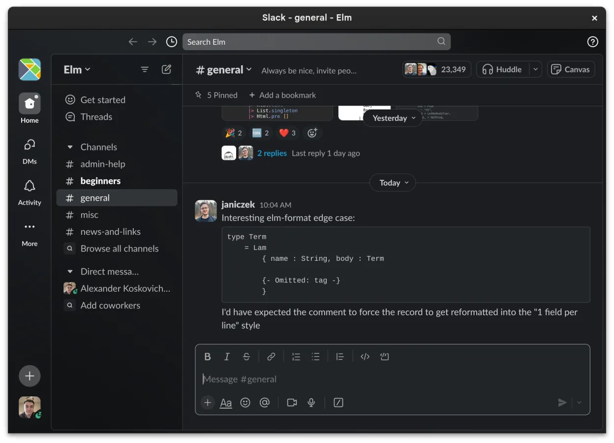 The Slack main window, on GNOME in dark mode