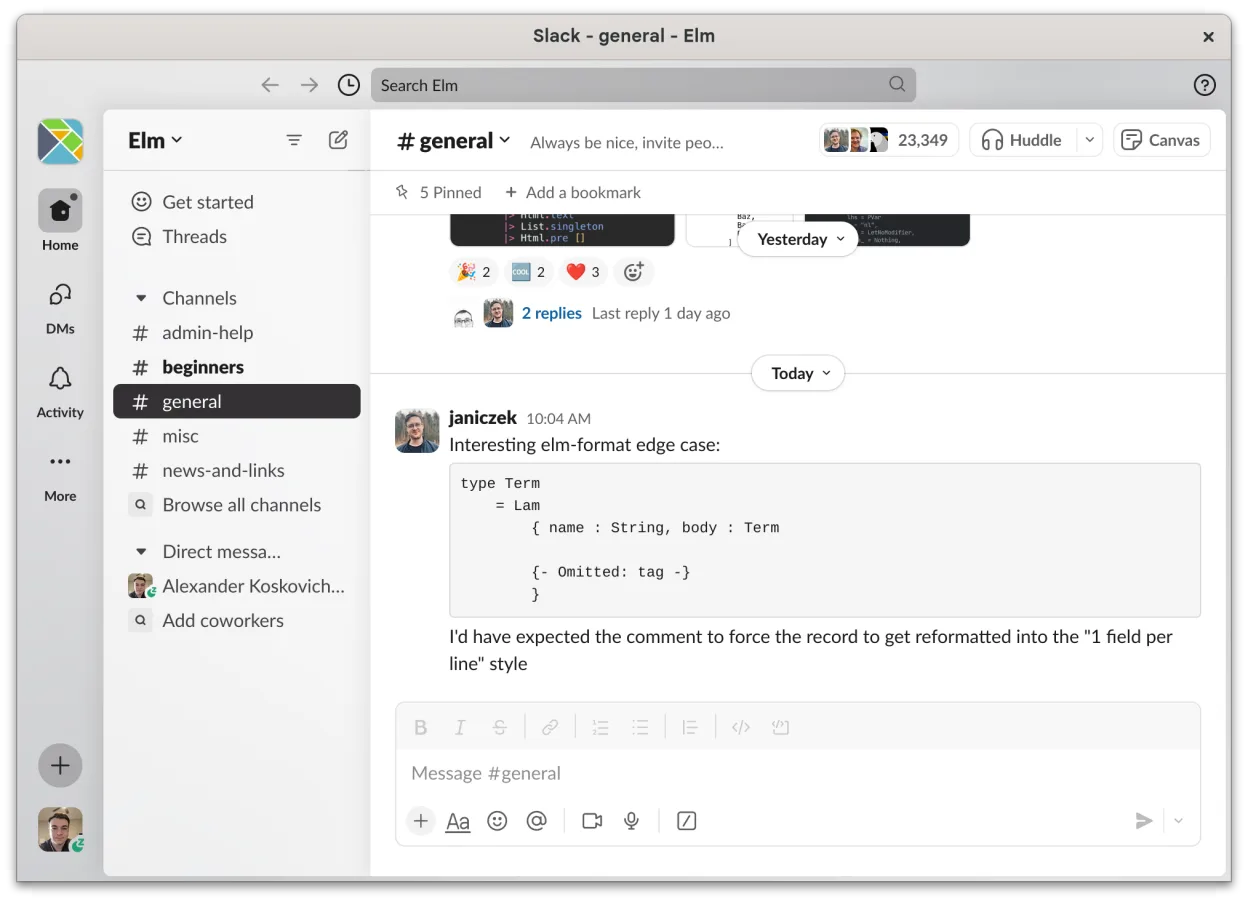 The Slack main window, on GNOME in light mode