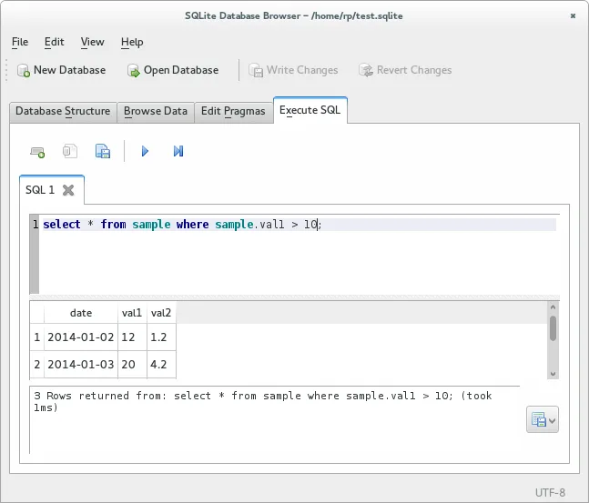 DB Browser for SQLite, executing query