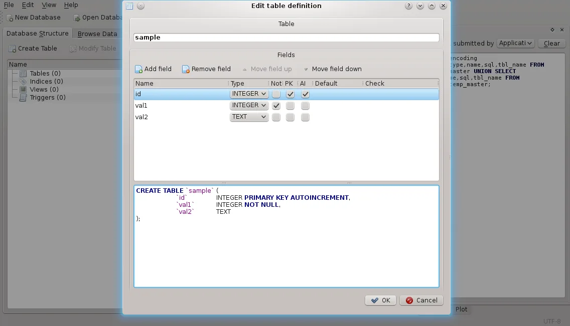DB Browser for SQLite, creating a table