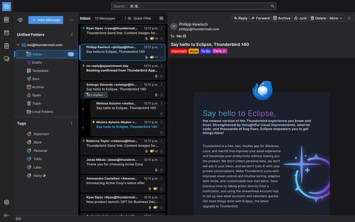 Thunderbird Mail View, Dark Mode