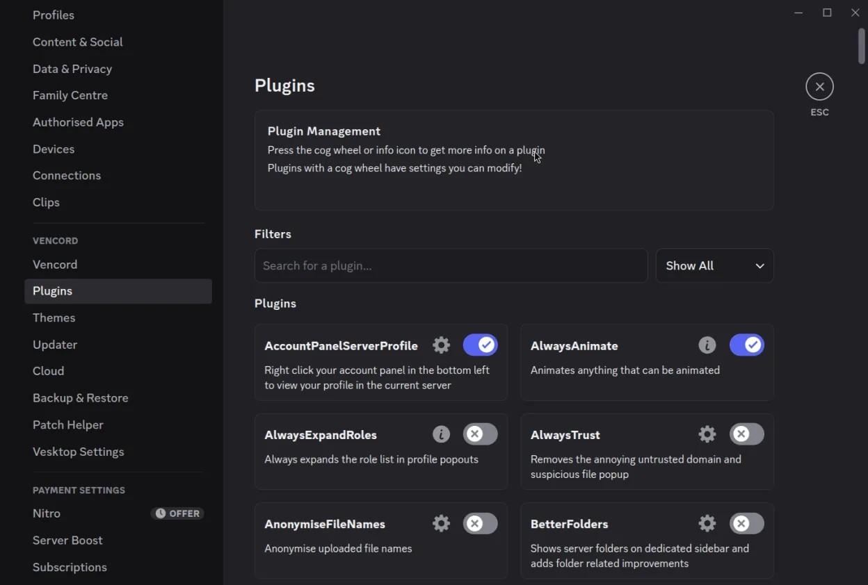 Integrated Vencord plugin settings