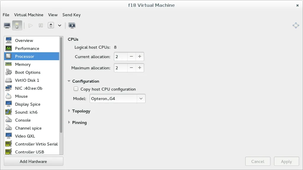 Virtual machine configuration screen