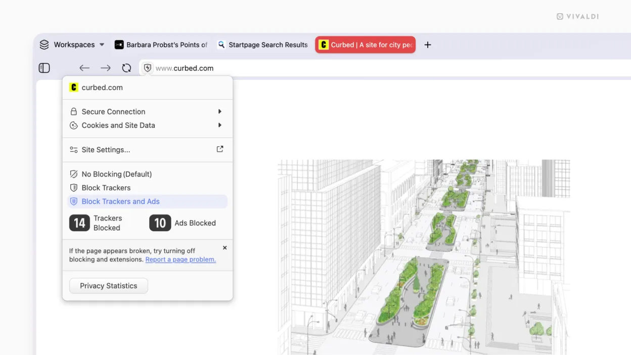 Zoomed up on the address field and combined site info drop down of the Vivaldi Browser, showing the security and site blocking options.
