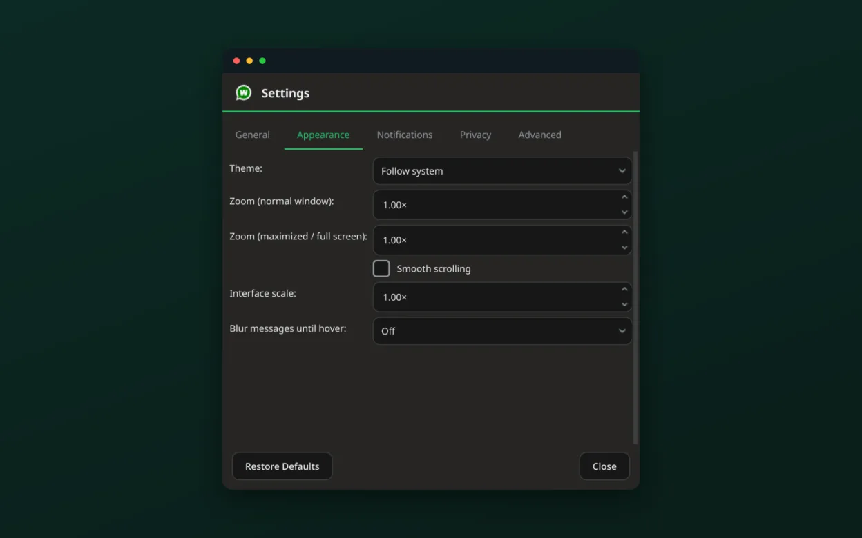 Appearance — themes, zoom and interface scale