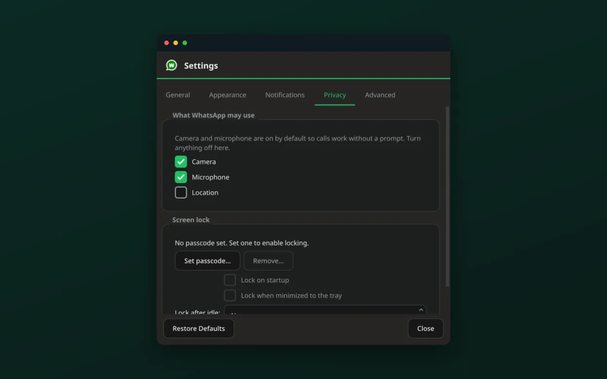 Privacy — per-site permissions and screen lock
